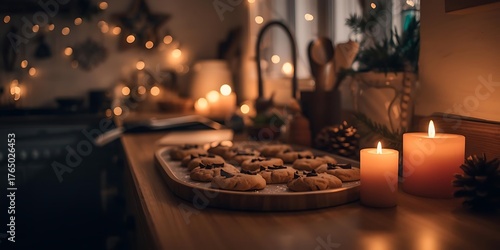 Cozy festive kitchen with cookies and candlelight