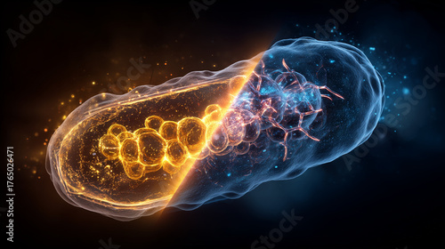 Mitochondrial dysfunction in aging, a split image showing a healthy vs. old, inefficient mitochondrion.