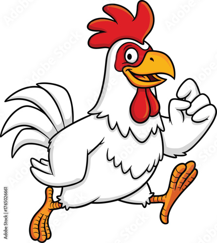 Cartoon chicken running, happy rooster mascot, farm animal illustration, poultry character clipart, funny animated bird, children storybook farm scene