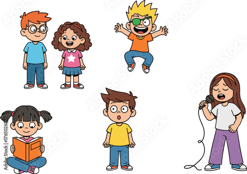 Cartoon children engaging in activities, singing, reading, talking, jumping, surprised expressions, educational characters, fun playful learning moment illustration
