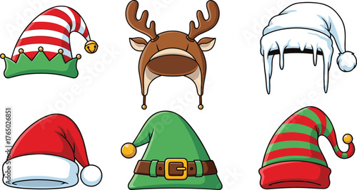 Cartoon Christmas hats collection, festive holiday costume accessories, Santa elf reindeer winter headwear, fun seasonal hat illustrations for decoration