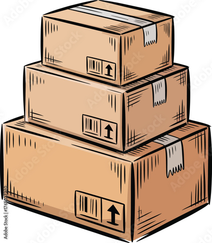 A stack of three cardboard boxes with shipping labels