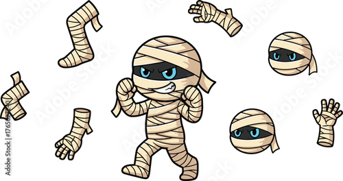 Cartoon mummy character with bandages, cute Halloween monster design, wrapped undead creature illustration