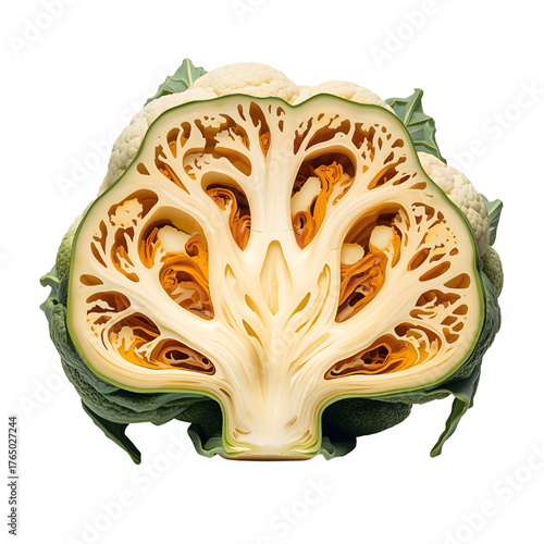 Intricate Cauliflower Cross-Section  on a transparent Background, Showing Detailed Internal Structure