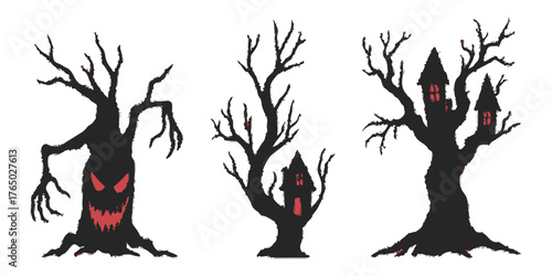 Black vector silhouettes of trees, birds, and deer make a striking nature illustration for Christmas and Halloween art and design