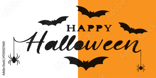 A dark vector set of Halloween icons features a bat flying past a spooky tree silhouette against a moonlit sky illustration in black and orange design