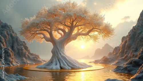 Fantasy illustration of a glowing white tree surrounded by water. The tree stands on a golden platform. Mountains and sun set add to tranquil landscape scenery.