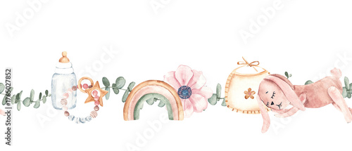 Watercolor baby girl seamless border, pattern with bottle, rainbow, flower, bib and bunny toy. Hand painted nursery design, for baby shower invitation or card.