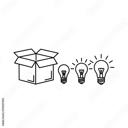 Idea generation symbol—open box and expanding light bulbs.