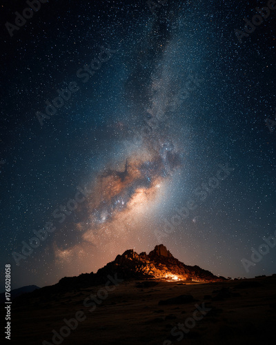 Telescope pointed at the galactic core with glowing lantern and rocky silhouette at night