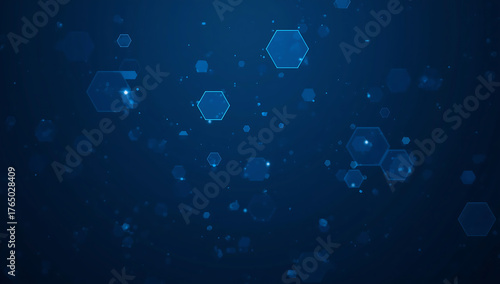 Scattered blue glowing hexagonal shapes and particles floating in a dark digital space technology
