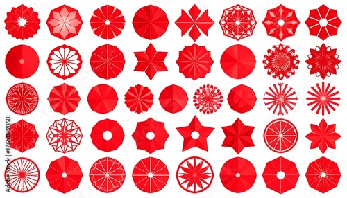 A collection of various red geometric shapes. Many different forms arranged against a white backdrop
