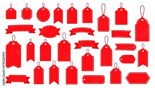 A collection of various red tags and ribbons with white stitching against a white backdrop