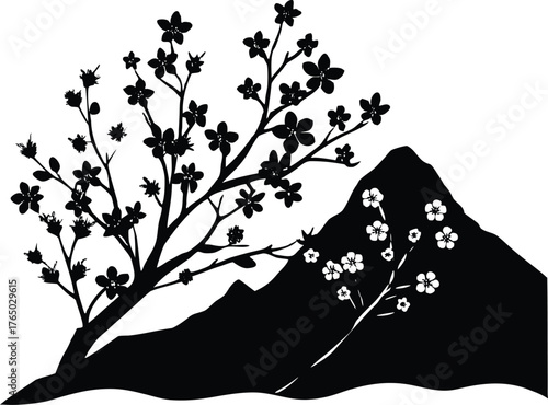 Blossoms on Mountainside Silhouette | Blooming Mountain View in Spring