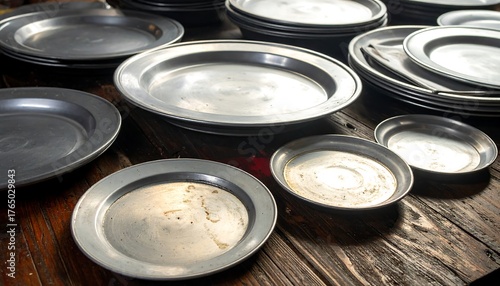 A collection of various sizes of metallic plates arranged on a rustic, weathered wooden surface