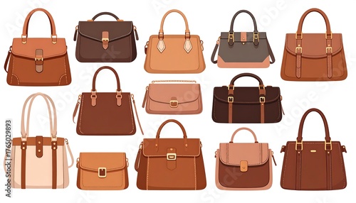 A collection of various stylish handbags and purses in shades of brown