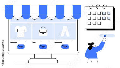 Digital storefront displaying products and shopping carts on monitor beside person updating wall calendar. Ideal for online shopping, e-commerce, business planning, event scheduling, time management