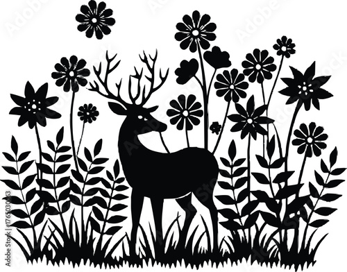 Wallpaper Mural Floral Meadow with Deer Silhouette | Gentle Deer Grazing in Flower Field Torontodigital.ca