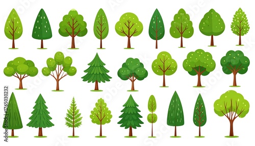 A collection of various stylized green tree illustrations
