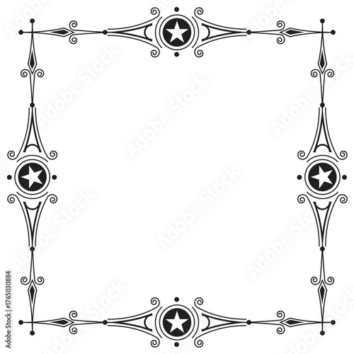 A decorative black and white frame featuring stars and ornate swirls