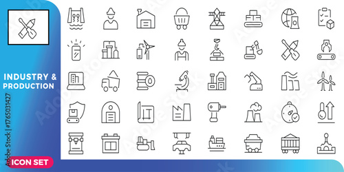 Comprehensive outline icon set representing the concept of industrial production, with symbols for manufacturing, engineering, logistics, and energy generation