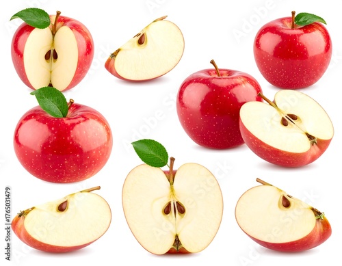 A collection of vibrant red apples, some sliced open, arranged against a white backdrop