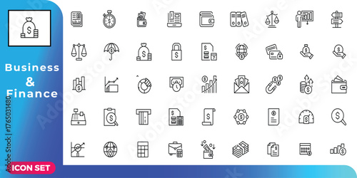 Modern business and finance line icon set. Essential symbols for financial management, investment, banking, accounting, growth, security. Versatile icon collection for digital projects