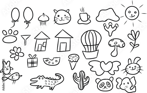 Collection of cute hand drawn doodle illustrations of animals food and objects on white background