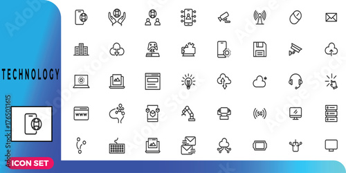 A comprehensive collection of modern line art technology icons, featuring symbols for cloud computing, networking, data, and digital communication devices