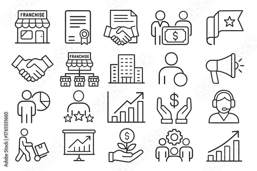 Franchise business and marketing strategy outline icon set
