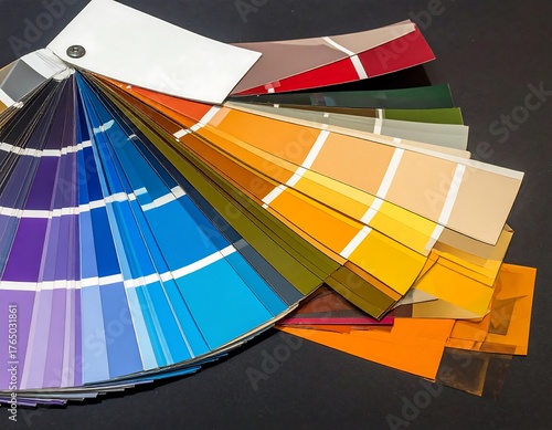 A color fan deck displaying a spectrum of hues in various shades against a dark background