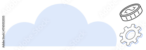Blue cloud with coin and gear icons representing digital finance, cloud computing, technology integration, and automation. Ideal for fintech, innovation, IT services, efficiency, future trends