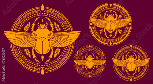 Ancient egyptian scarab beetle emblems with wings in a circular ornate design