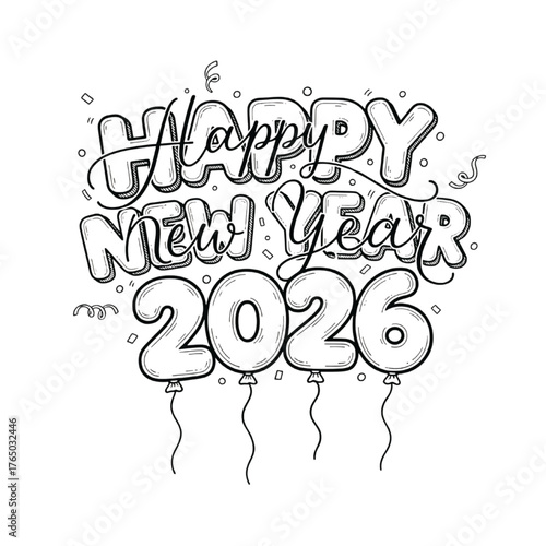 Happy New Year 2026 Balloon Typography Celebration Illustration
