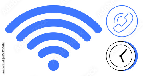 wireless signal waves with phone and clock icons represent internet connectivity, communication, and time management. Ideal for concepts thumbs up technology, productivity, remote work, business