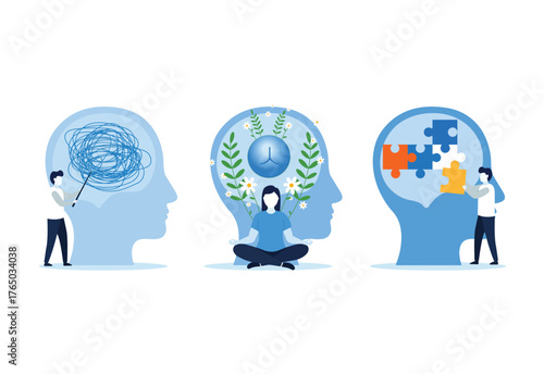 Mental health illustration set. Character with mental disorder fight against stress, depression, emotional burnout and other psychological problems. Psychotherapy concept. Vector illustration.