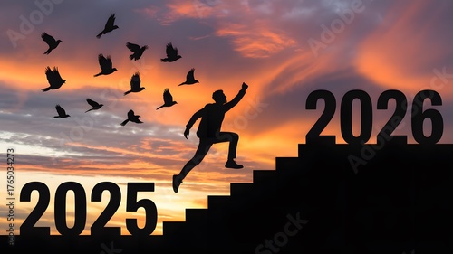 new year 2025 to 2026 success concept with person climbing stairs at sunrise and birds flying in the sky