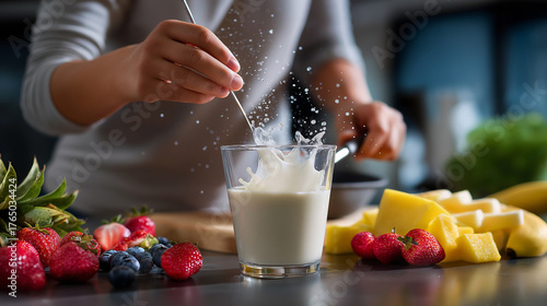 Defocused person preparing smoothie while focused fresh fruit splashing into flowing milk remains clear, with copy space