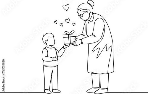 Grandmother giving a gift to grandson in line vector style, transparent background  