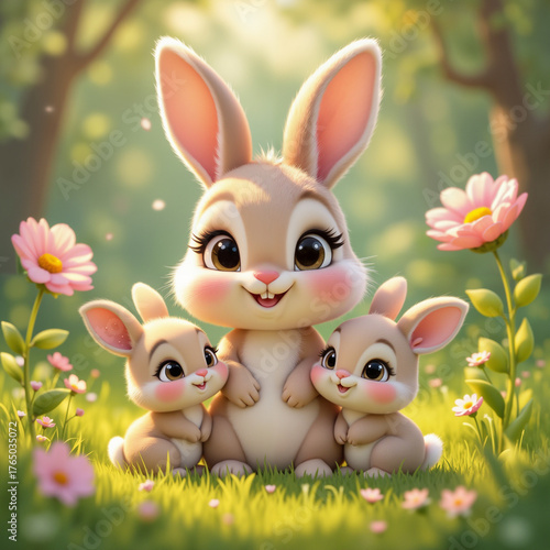 Adorable mother rabbit with her two baby bunnies surrounded by flowers in a sunny forest