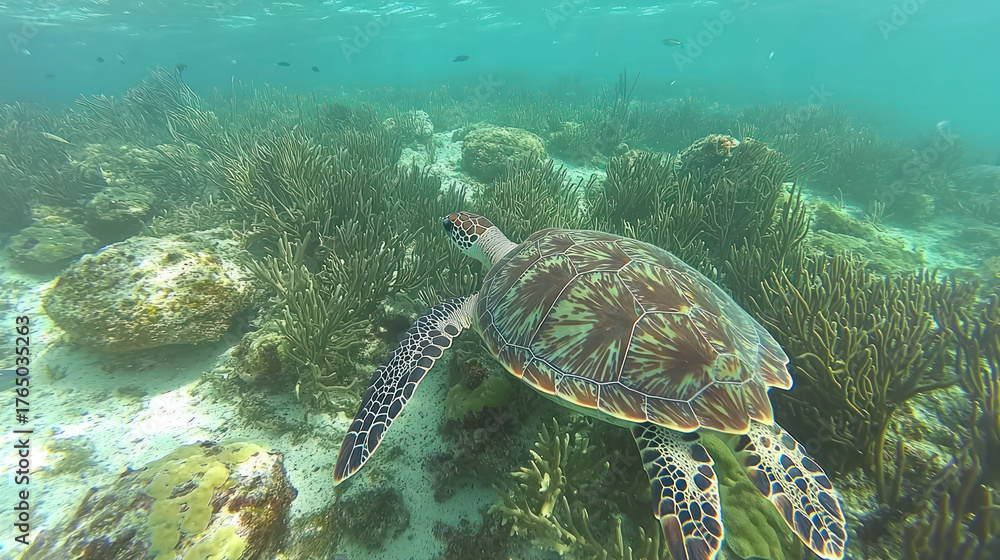 Obraz premium A sea turtle swims gracefully through clear water, near vibrant coral and the ocean floor