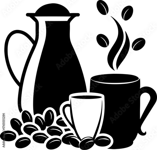  Coffee beans, milk jug, and steaming cup trio Silhouette  vector white background