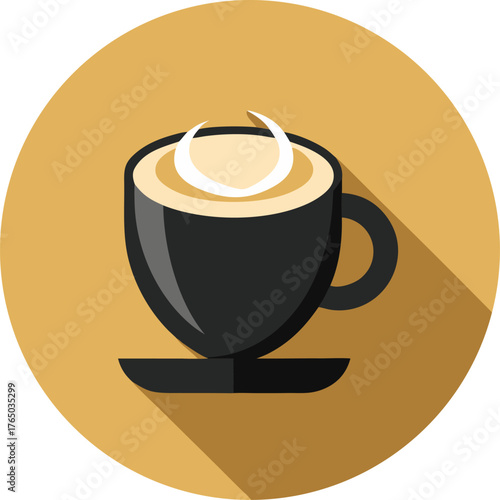 Flat design cappuccino icon with long shadow  Silhouette black  vector white background
