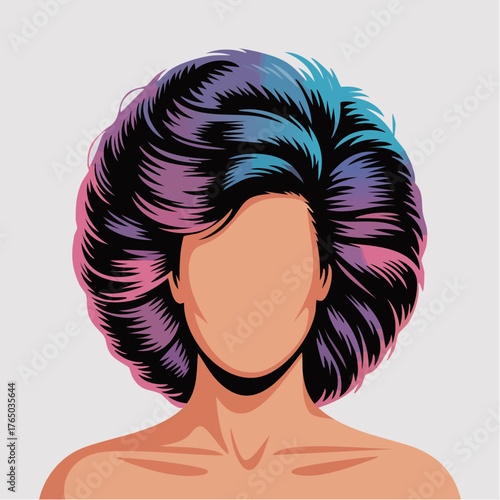  a faceless portrait focusing on an exaggerated head of big hair from the 80s 