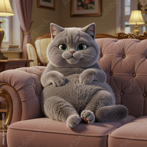 Chubby gray cat lounging on a cozy sofa with a relaxed expression in a warm living room