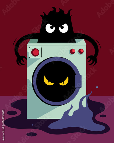 A haunting image of a washing machine with a malevolent mind devouring free will.. Vector illustration