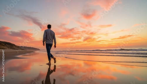 Man walking on beach during sunset reflecting in sand, watching beautiful horizon. Sunset stroll by ocean is peaceful and serene. Enjoy this sunset stroll during vacation; relaxation, beach time,