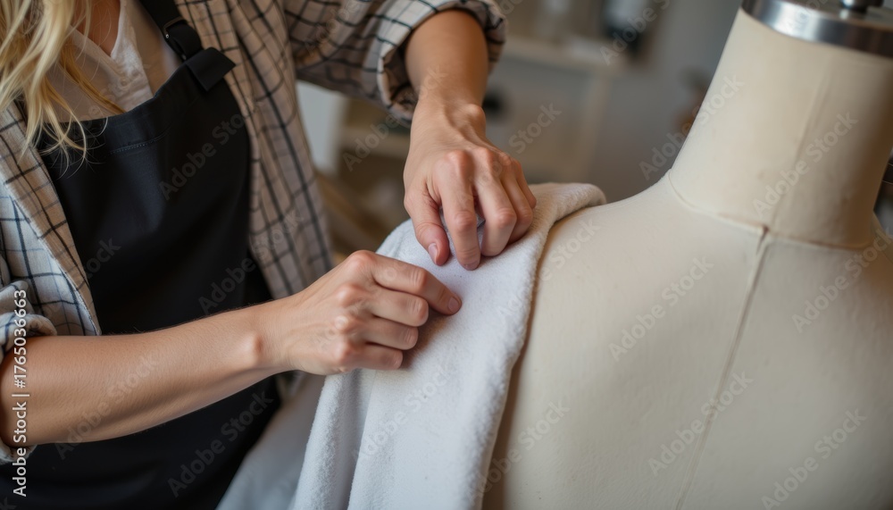 Fototapeta premium Fashion design involves draping fabric on mannequin to create unique garment, experimenting and perfecting design. The essence of fashion design lies in understanding how fabric interacts with form,