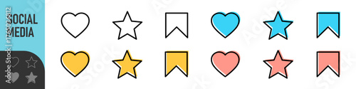 Add to favorite icon set. Heart, star, and bookmark icons set. Minimalist outline and filled styles, for social media apps, web UI, favorite buttons, e-commerce, save, love, and favorite themes