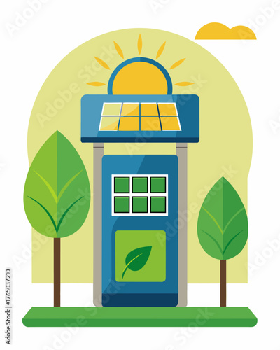 A sign above the solarpowered change machine proudly proclaiming the facilitys commitment to ecofriendly practices.. Vector illustration